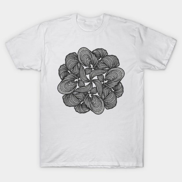 Stringy Mandala - Intricate Black and White Digital Illustration - Vibrant and Eye-catching Design for printing on t-shirts, wall art, pillows, phone cases, mugs, tote bags, notebooks and more T-Shirt by cherdoodles